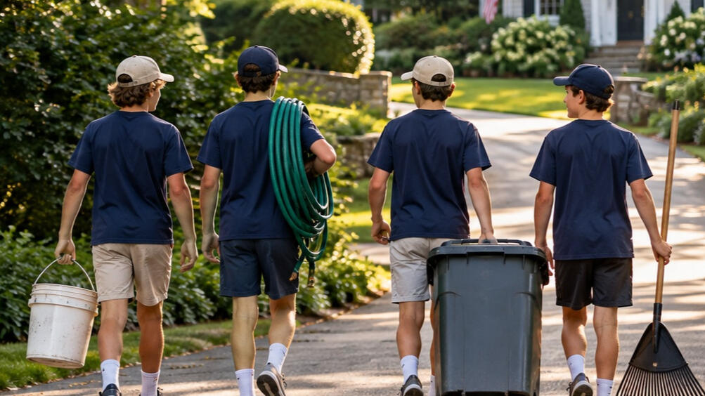 The Jobs Mob heading out to help neighbors Four local boys carrying a bucket, garden hose, trash can, and rake through a sunny New Canaan neighborhood.